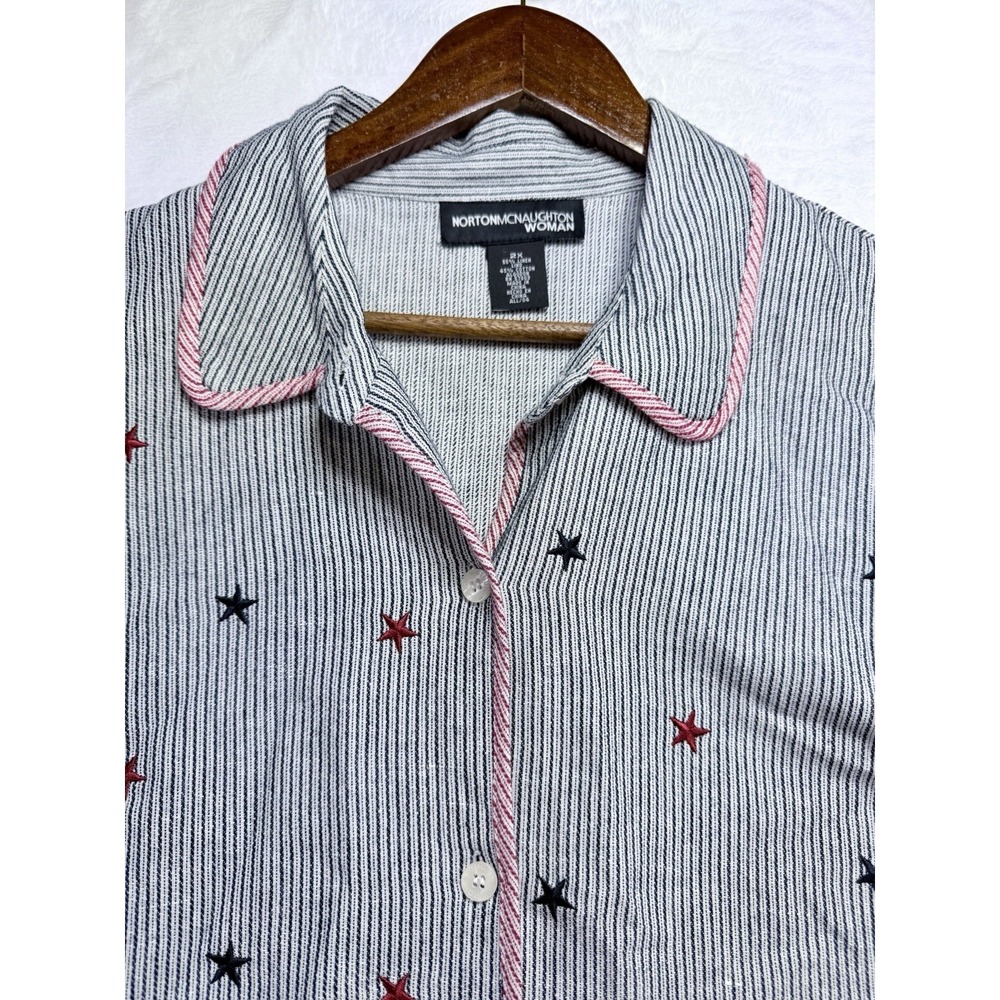 Norton McNaughton Woman 2X‎  Linen Blend Button Down Blouse Stars & Stripes NWT